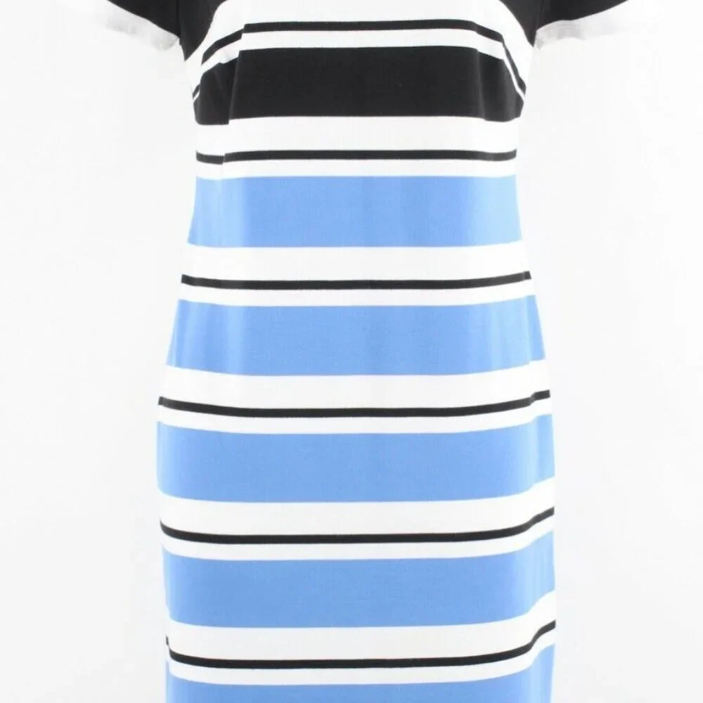 Jones New York Sz L Black Blue White Stripe Polyester Blend Dress - Picture 3 of 6